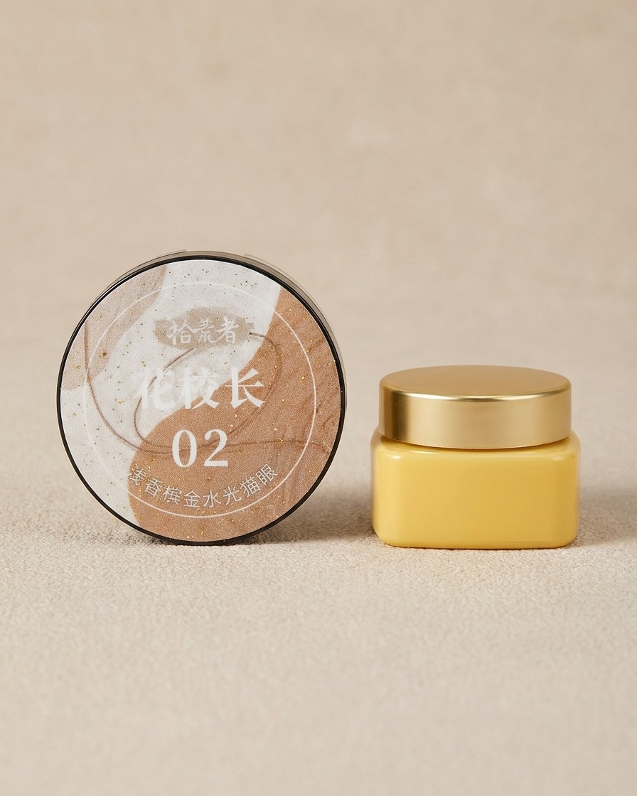 Un petit pot de gel cat eye couleur champagne posé à côté dun ongle manucuré.