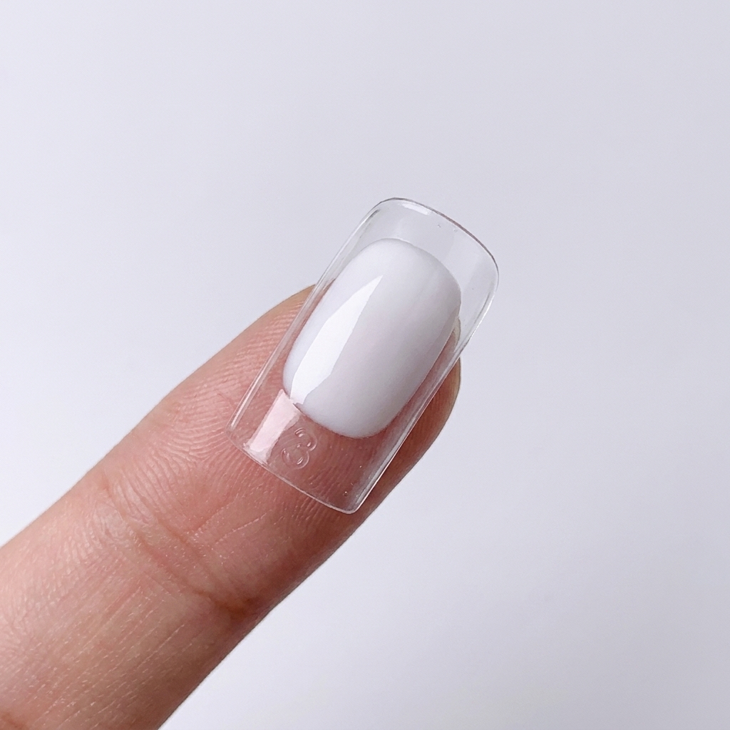 Gros plan dun pinceau appliquant un vernis gel blanc laiteux sur une capsule transparente.