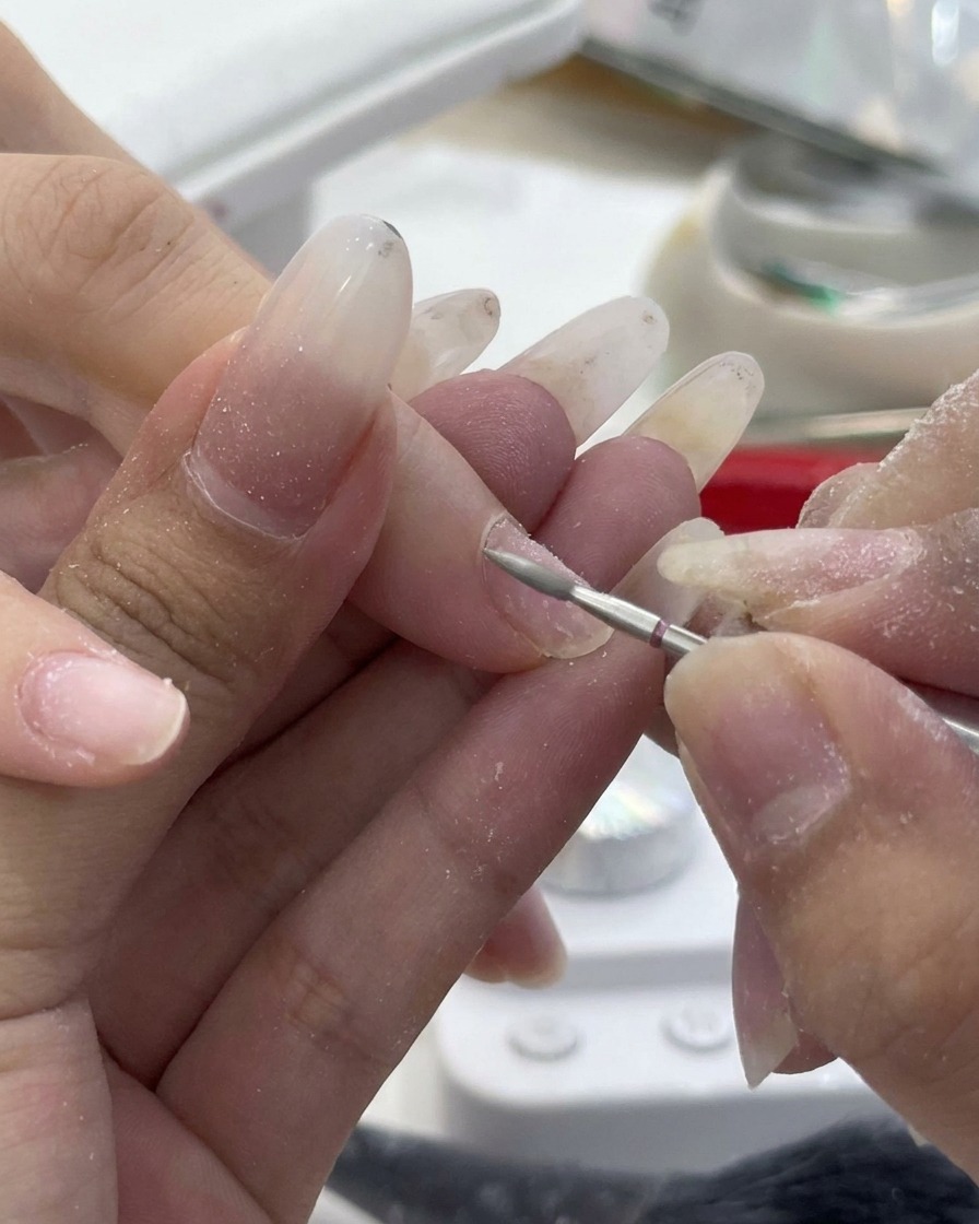 Gros plan dun embout de ponceuse fin argenté nettoyant le contour de longle.