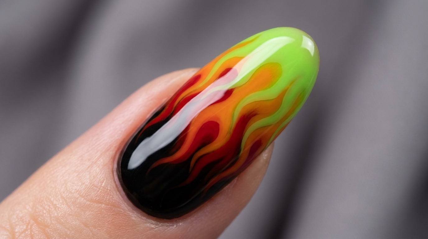 Gros plan détaillé sur un design de flammes en dégradé, passant dune base noire à une pointe jaune-vert lumineuse.
