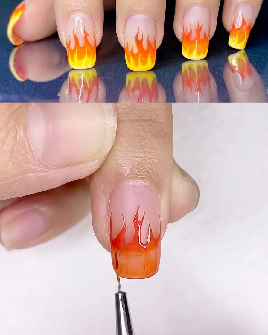 Un pinceau plat mélangeant du vernis gel jaune et orange sur la surface de longle.