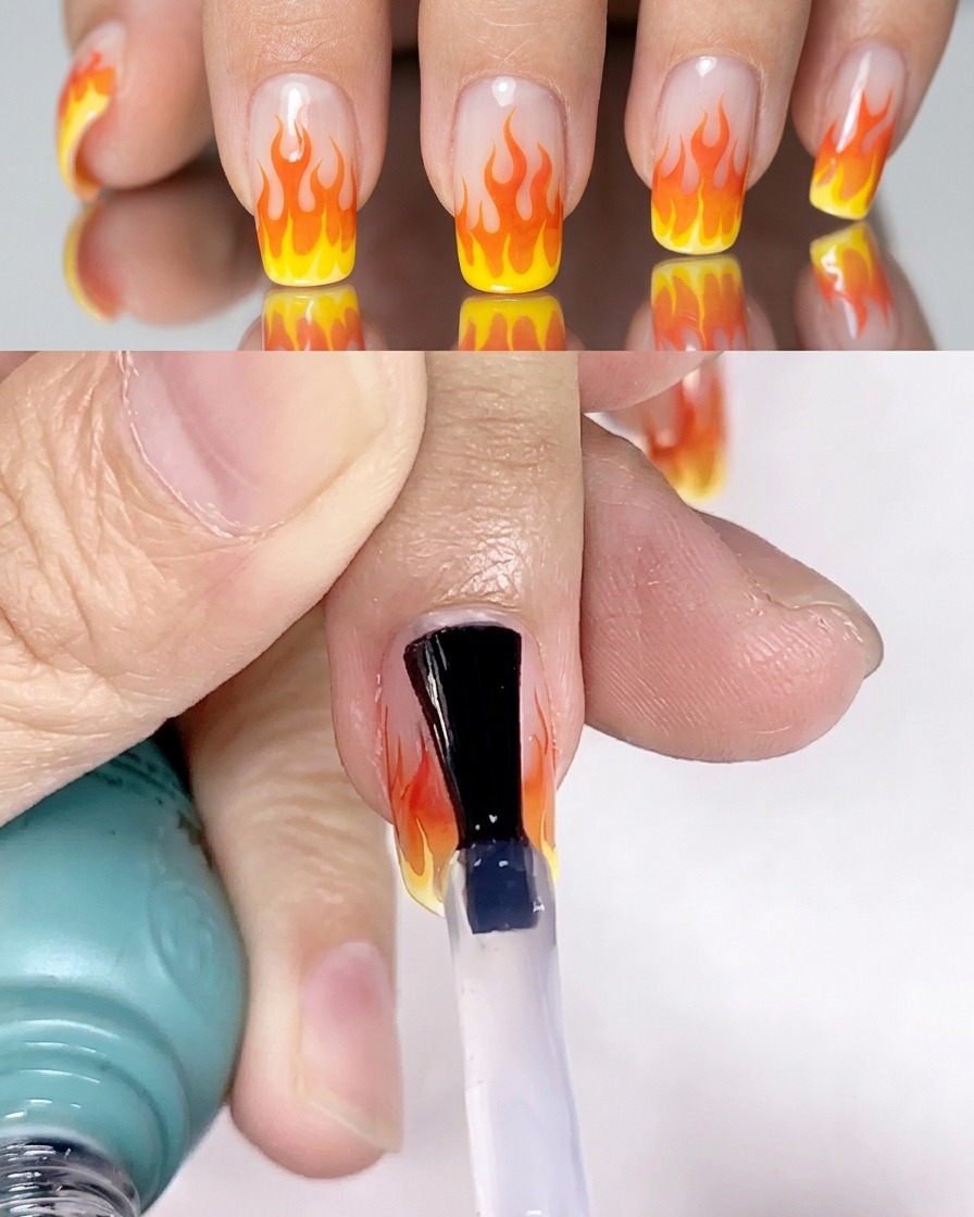 Application dun top coat brillant sur le design de flammes terminé.
