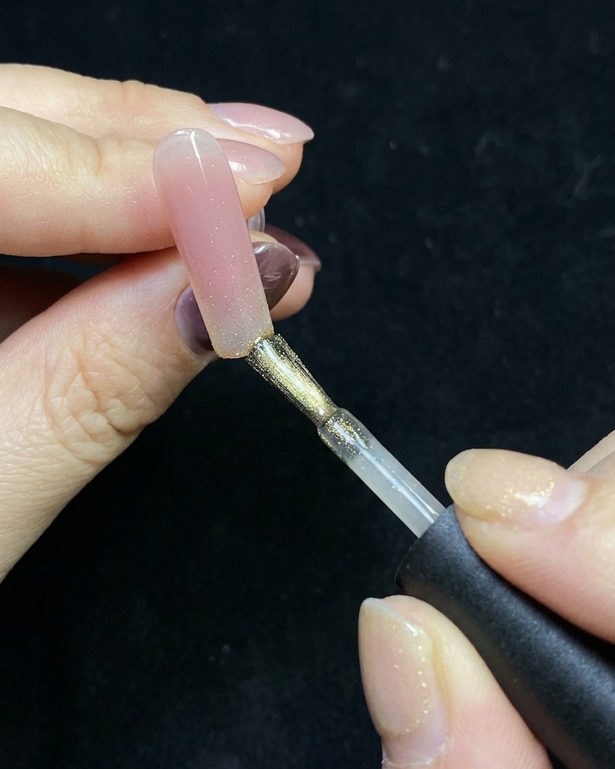 Un pinceau appliquant un gel pailleté cat-eye doré sur le bout dun ongle nude.