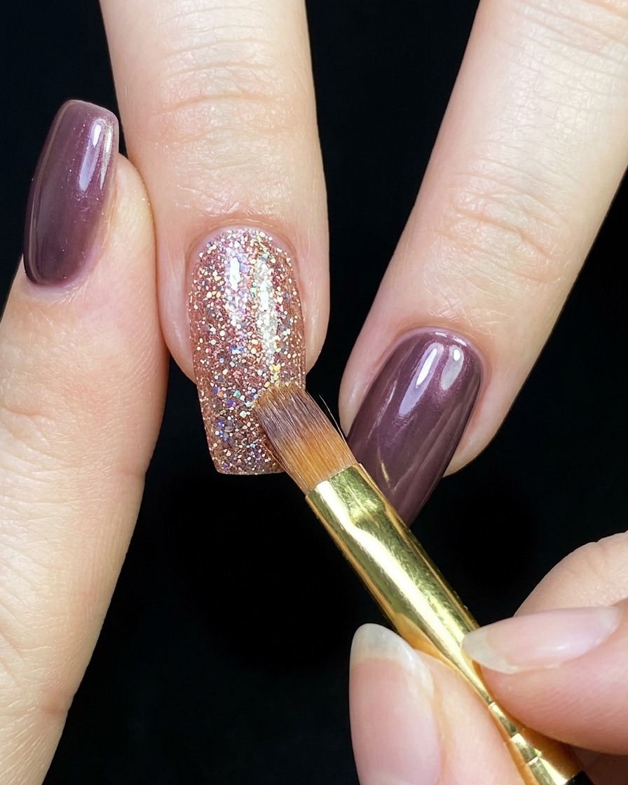 Un ongle avec gel cat-eye doré maintenu pendant quun pinceau aide à lisser la finition avant catalyse.