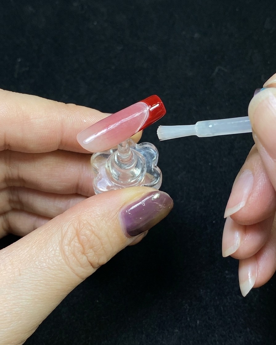 Un top coat brillant appliqué sur un ongle avec une French rouge terminée.