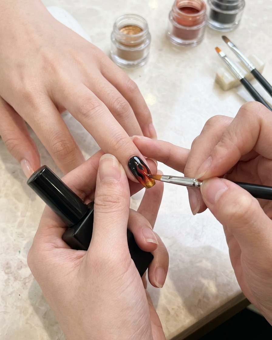 Gros plan dun pinceau fin traçant des flammes blanches sur un ongle peint en noir.