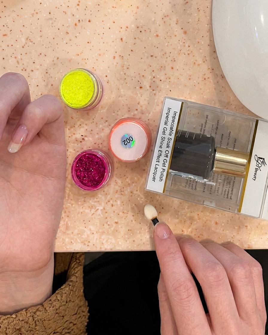 Un applicateur éponge mélangeant du pigment orange dans la zone rose sur longle décoré.