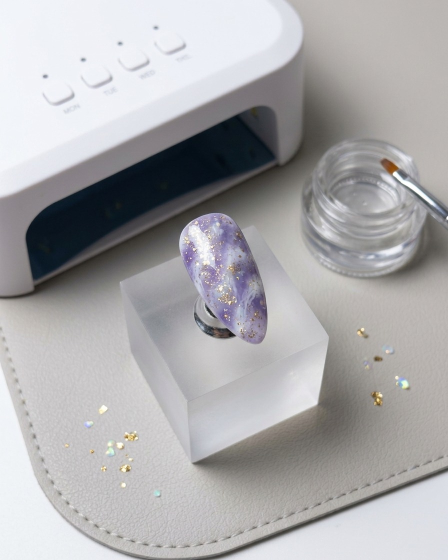 Un outil de dotting ou un pinceau appliquant du blooming gel blanc sur la surface de longle.