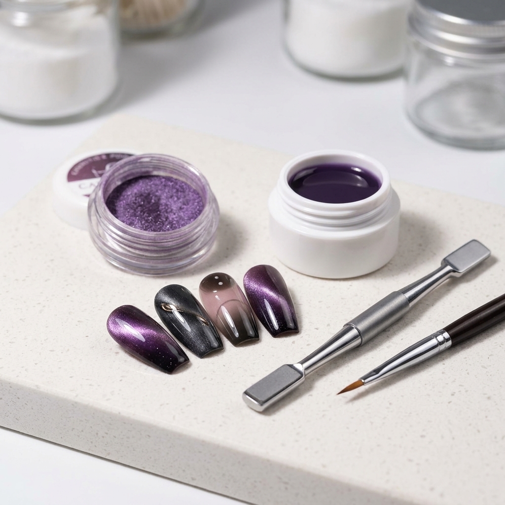 Utilisation dun aimant pour modeler le pigment violet en un motif décoratif.