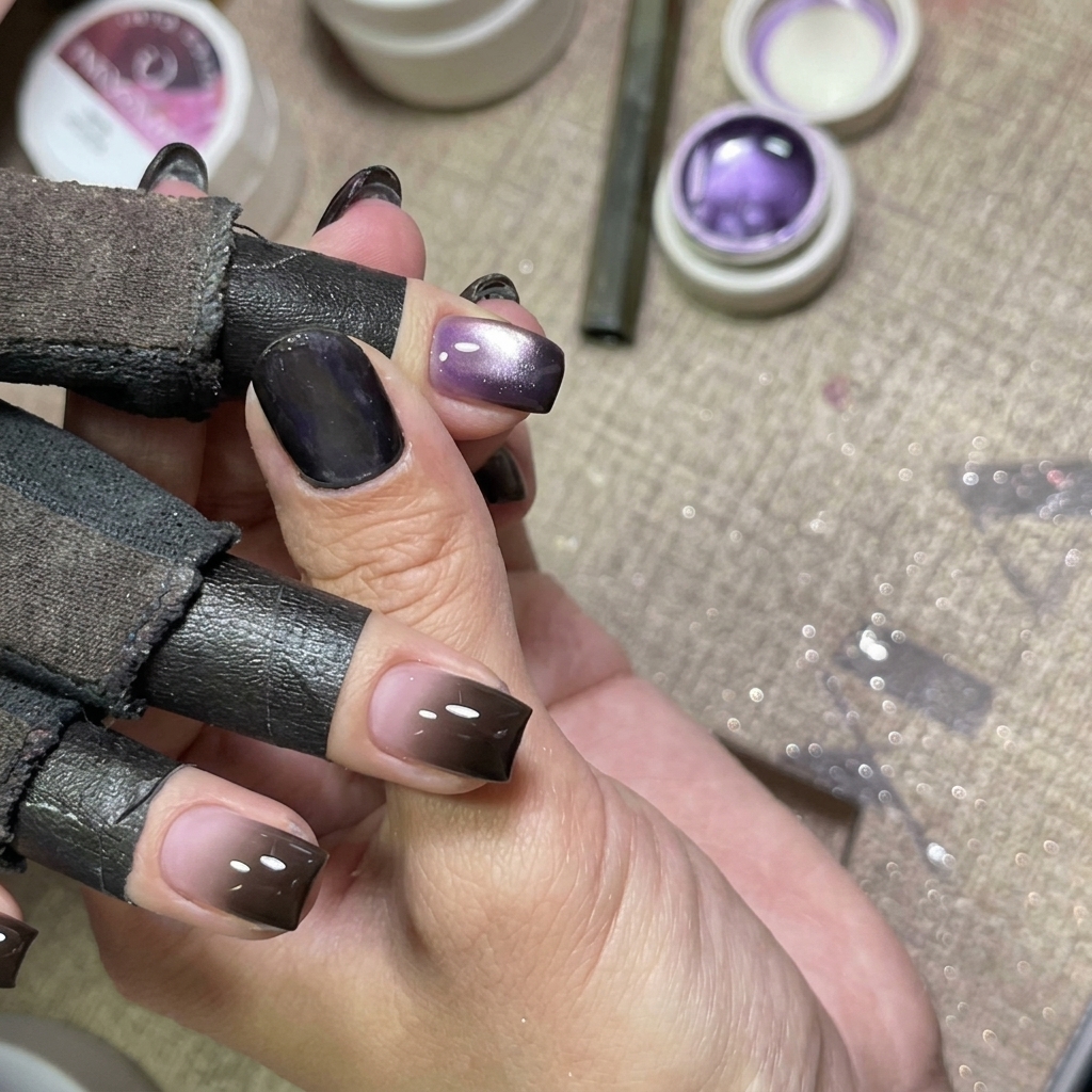 Gros plan sur lutilisation de laimant pour raffiner le scintillement sur le gel violet.