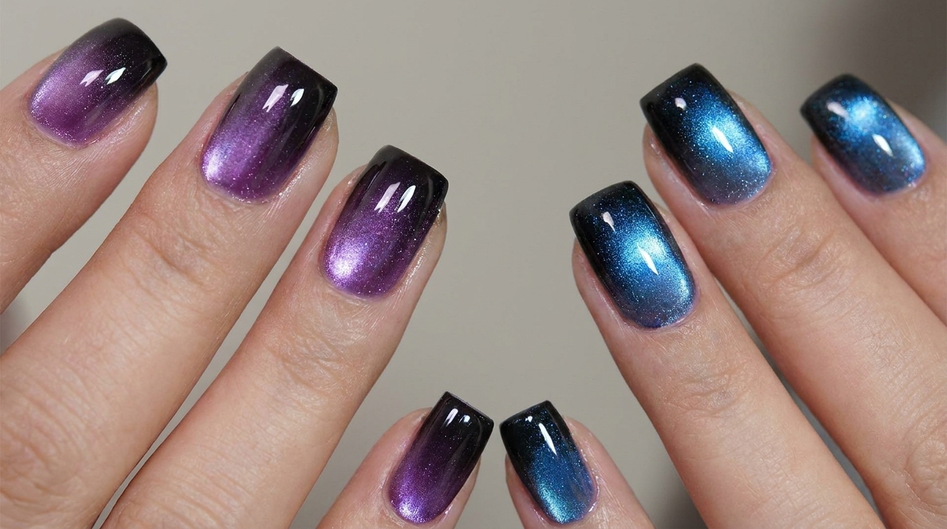 Ongles carrés arborant un dégradé magnétique bleu et violet sur une base noire profonde.