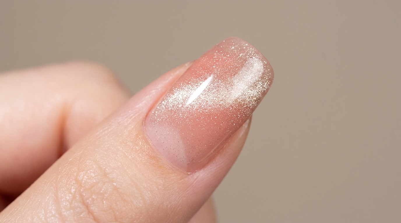 Gros plan sur une manucure cat eye dégradée pêche rosé sur un ongle squoval, révélant un large reflet magnétique.