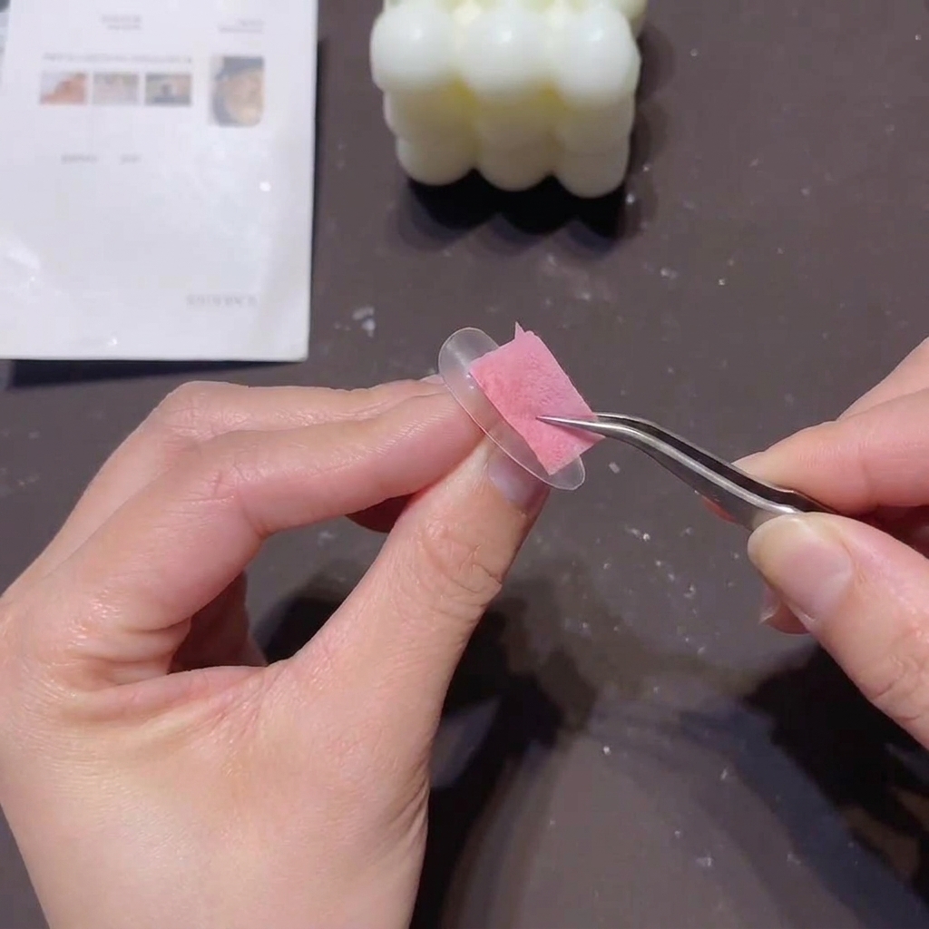 Une personne utilisant une pince pour tenir une petite éponge rose, tamponnant un gel correcteur clair sur le bord libre dune capsule transparente.