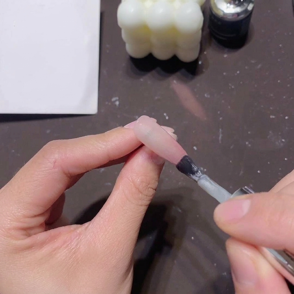 Un pinceau provenant dun flacon de vernis gel appliquant une couche généreuse de gel magnétique transparent œil-de-chat sur un ongle en dégradé rose.