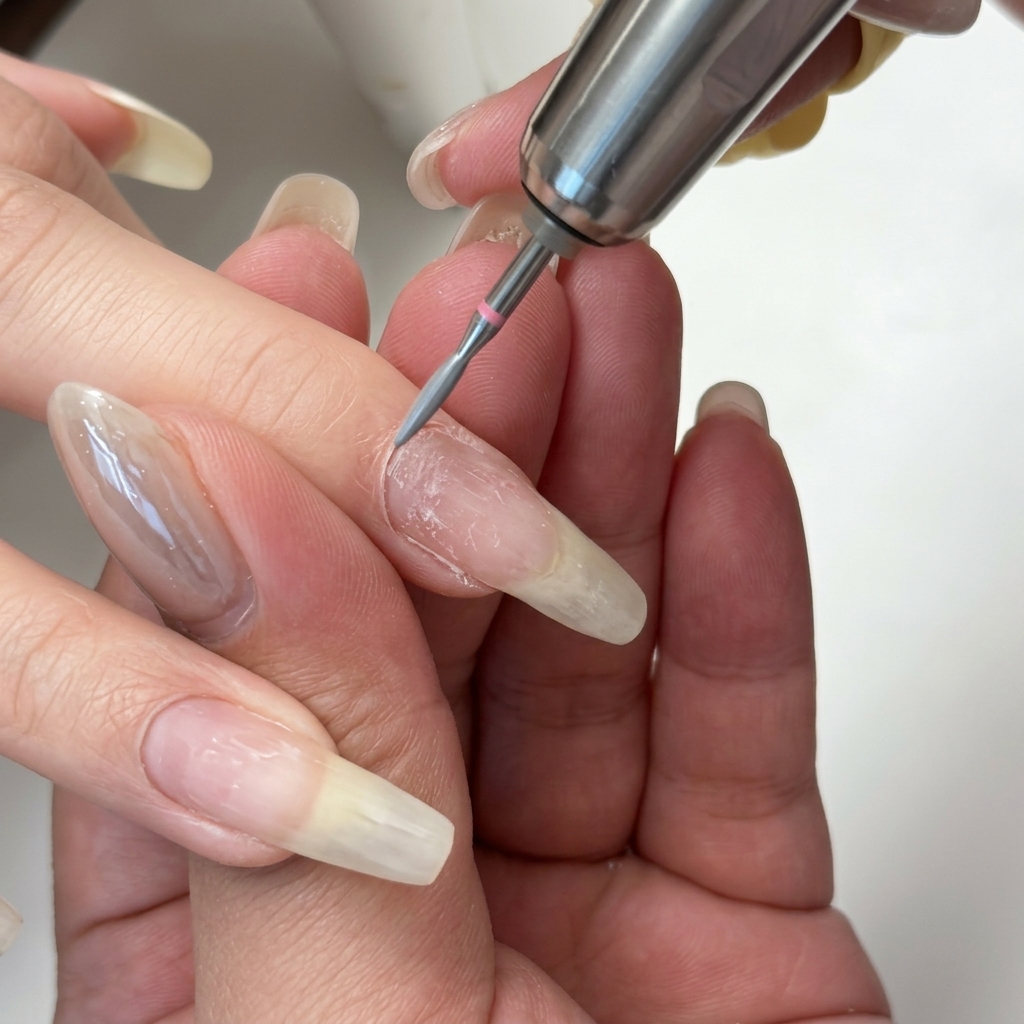 Gros plan sur un embout de ponceuse professionnelle nettoyant délicatement la zone des cuticules dun ongle naturel.