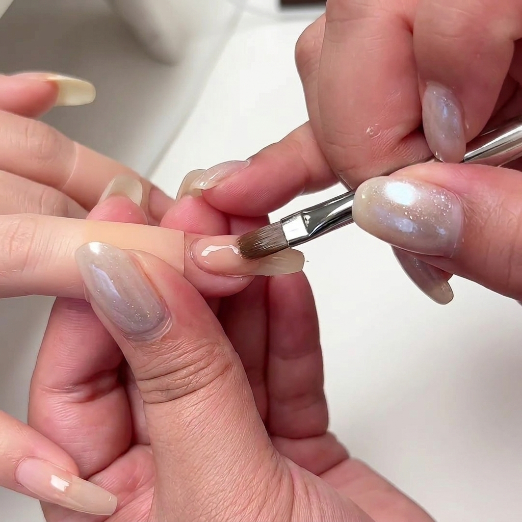 Un pinceau à ongle appliquant un gel de construction nude au centre de longle, en le répartissant uniformément.