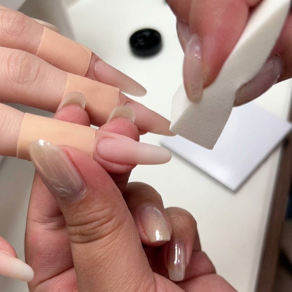 Un bloc polissoir lissant la surface dun ongle en gel de couleur nude structuré.
