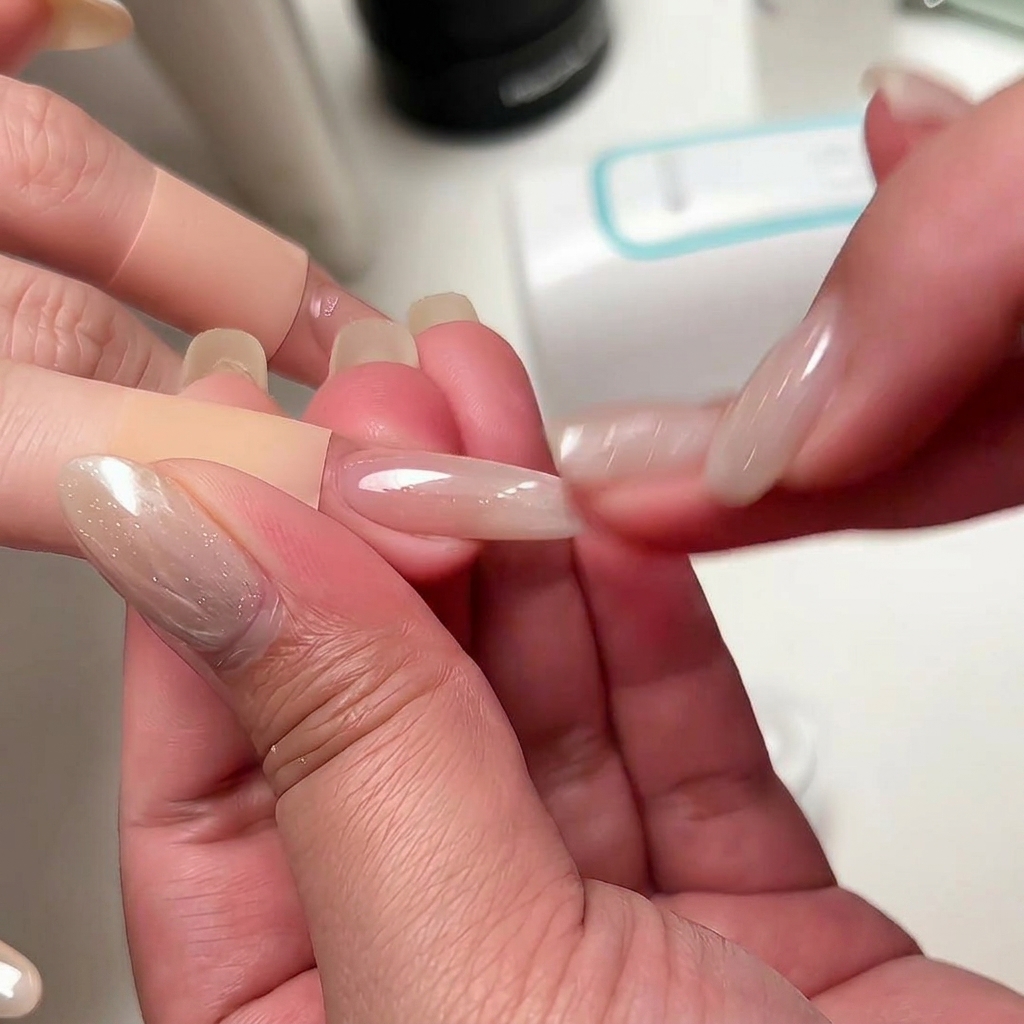 Gros plan dune main frottant doucement une poudre chrome scintillante sur un ongle en gel ombré blanc lacté.