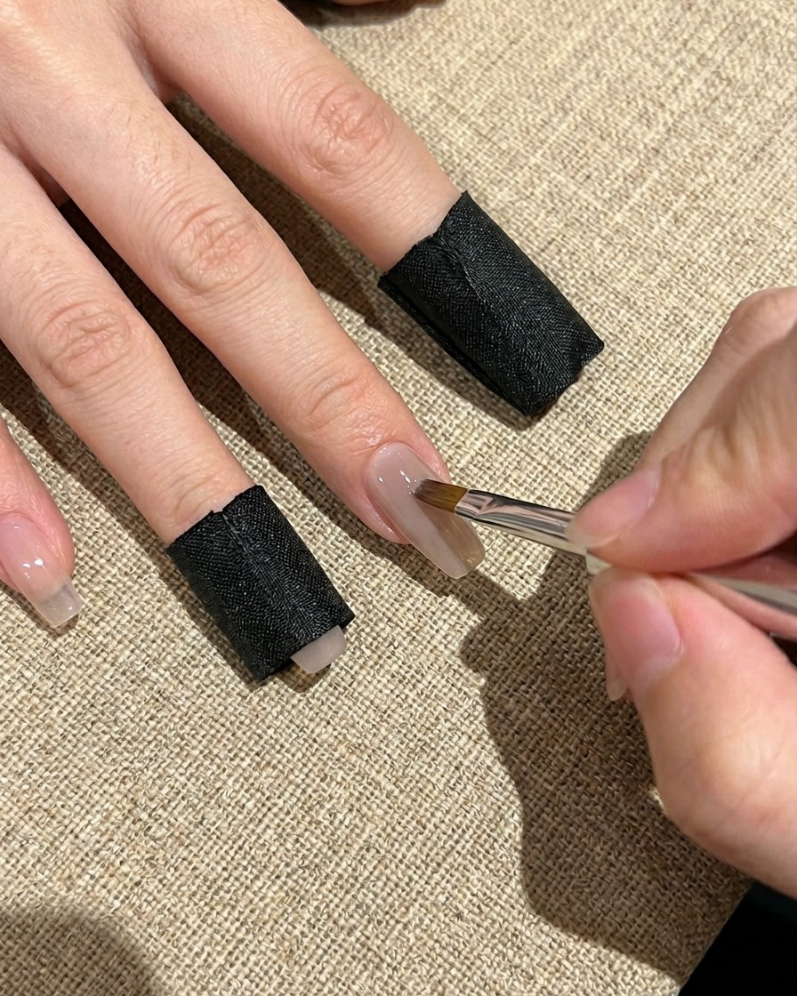 Gros plan dun pinceau appliquant un gel de base transparent sur un ongle naturel avec une application nette et lisse.