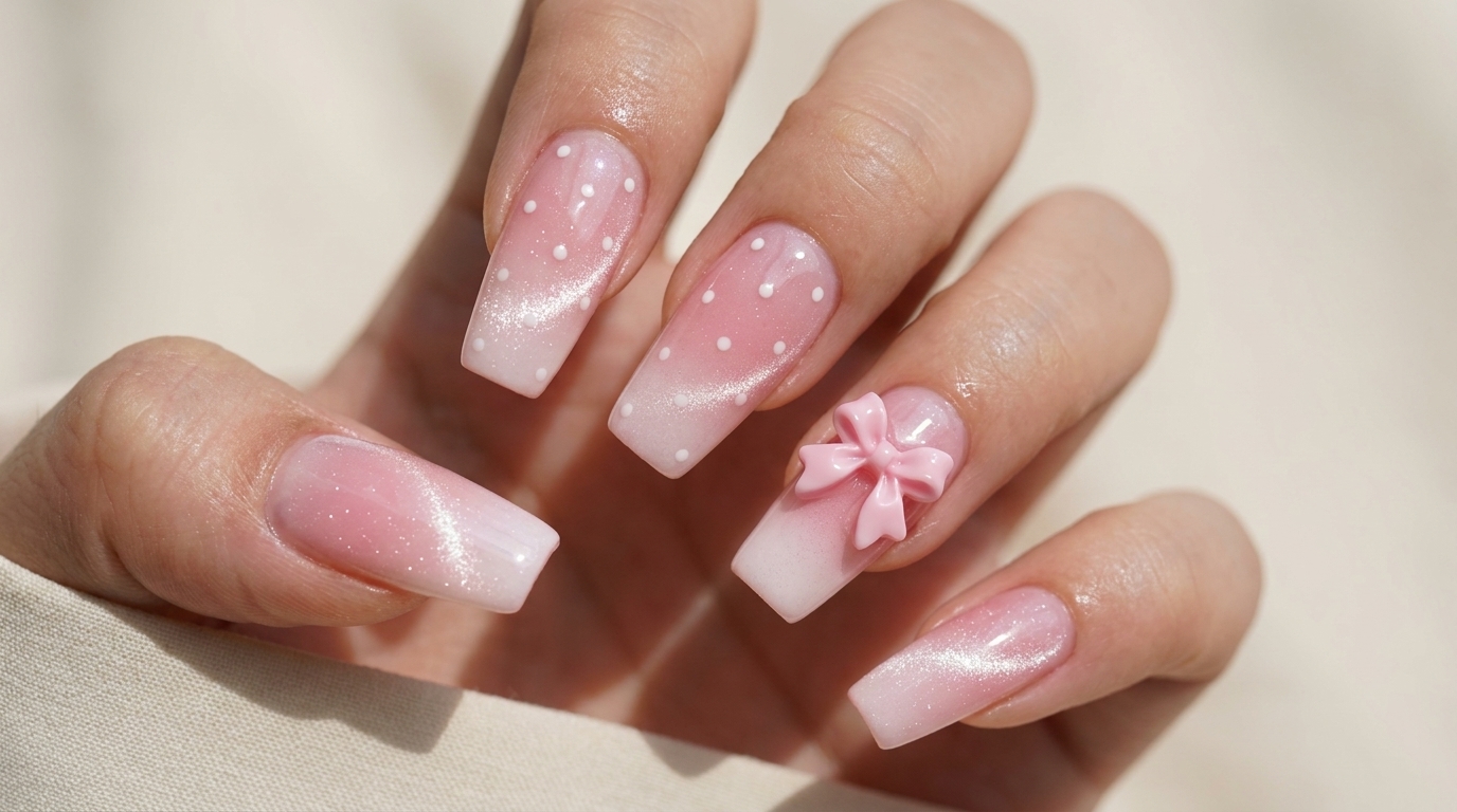 Ongles dégradés rose kawaii à pois – Tutoriel étape par étape