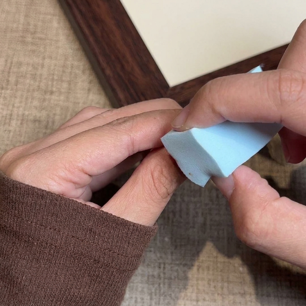 Une éponge de maquillage pressée sur un ongle pour transférer le vernis gel et créer leffet ombré.