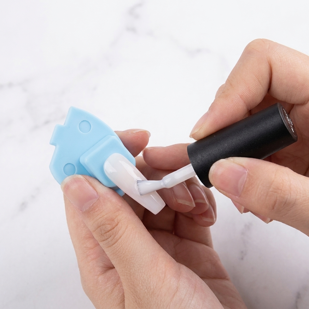 Un pinceau déposant une petite quantité de vernis blanc laiteux sur le bout dun ongle peint en rose.