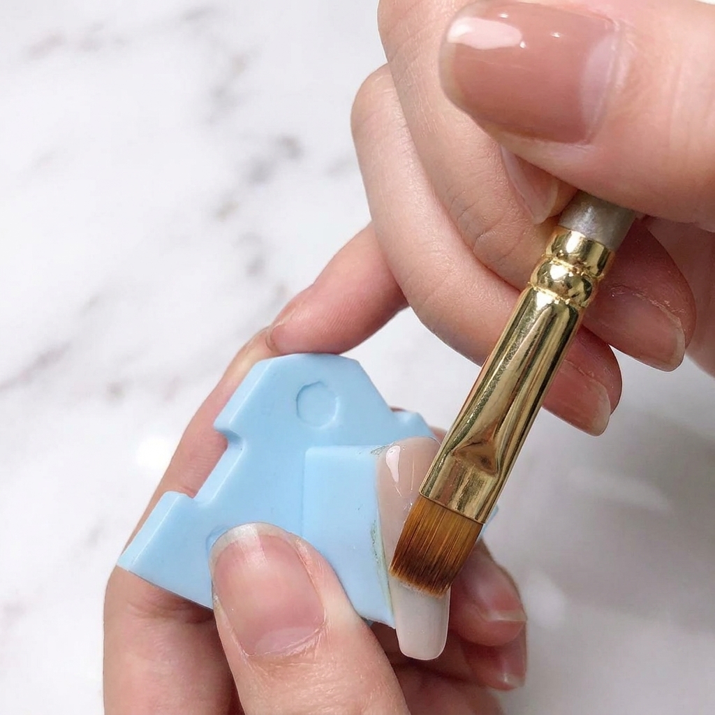 Un pinceau ombré utilisé pour mélanger le vernis blanc dans la base rose afin de créer un effet dégradé.