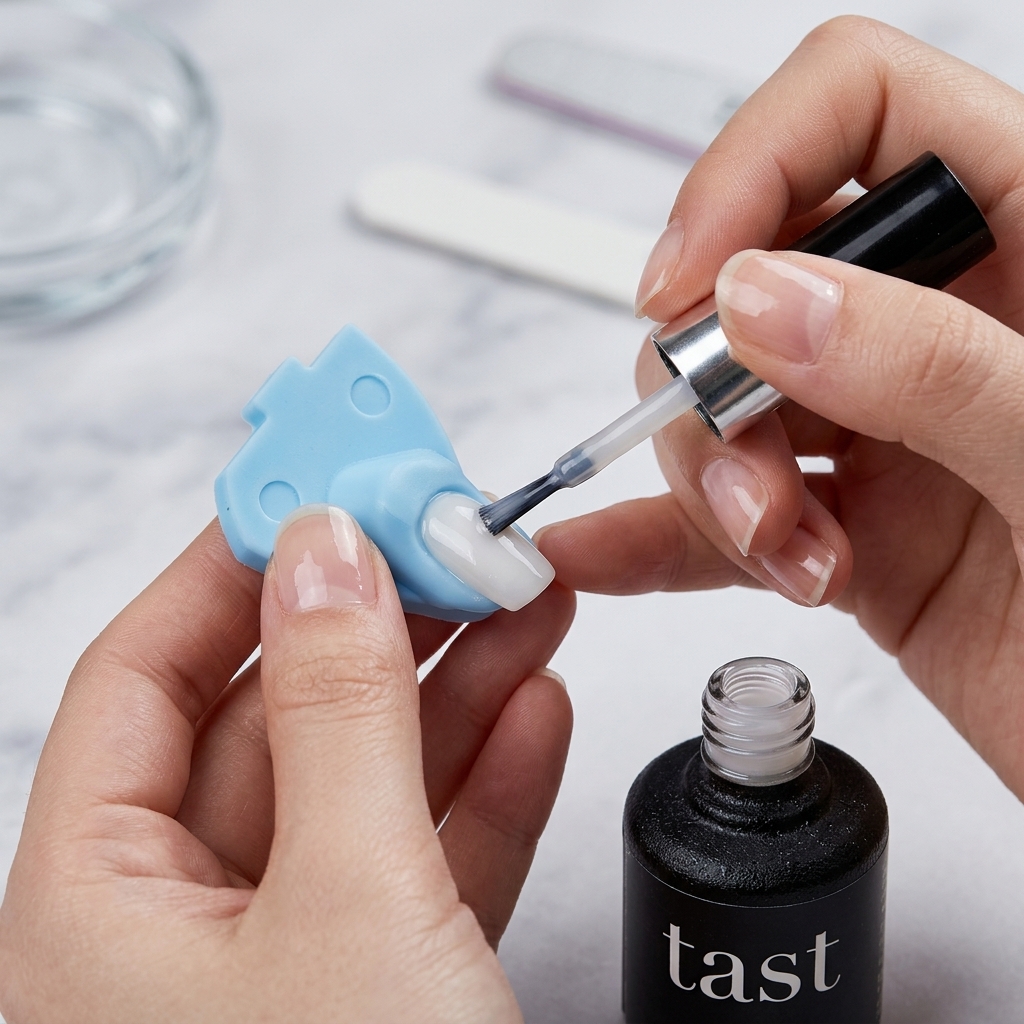 Application dune seconde couche plus concentrée de vernis blanc laiteux sur le bout de longle.