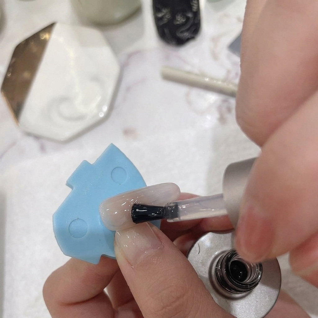 Un pinceau appliquant un top coat transparent brillant sur un ongle ombré rose et blanc parfaitement dégradé.