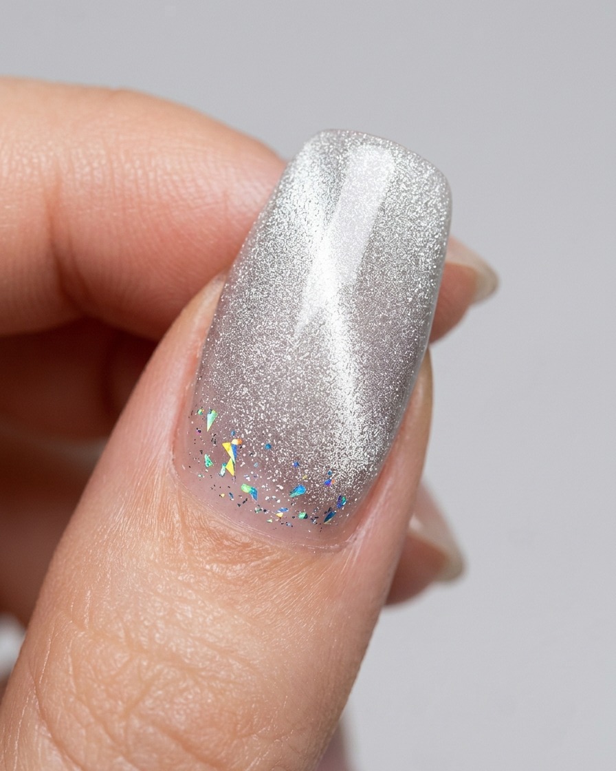 Vue rapprochée dun aimant tenu au-dessus dun ongle pour modeler les particules scintillantes.