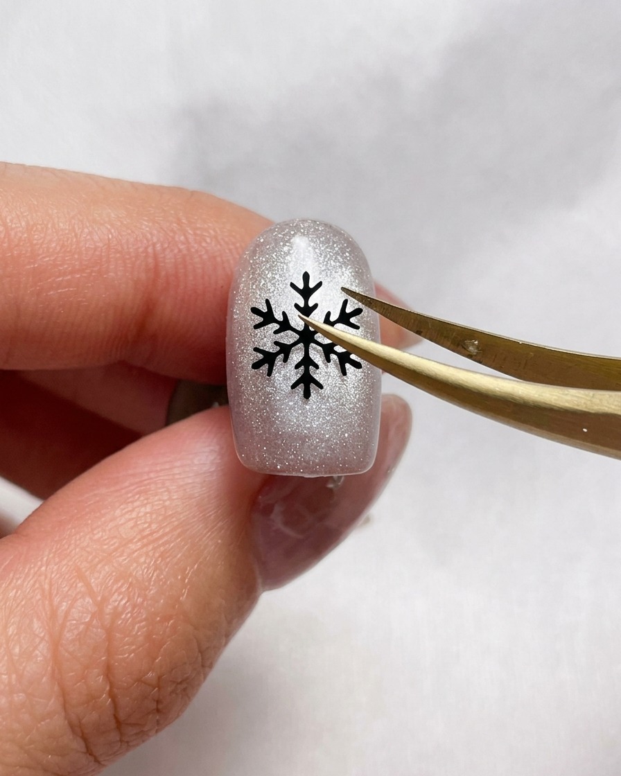 Une pince soulevant un petit sticker flocon de neige noir au-dessus dun ongle peint en argent scintillant.