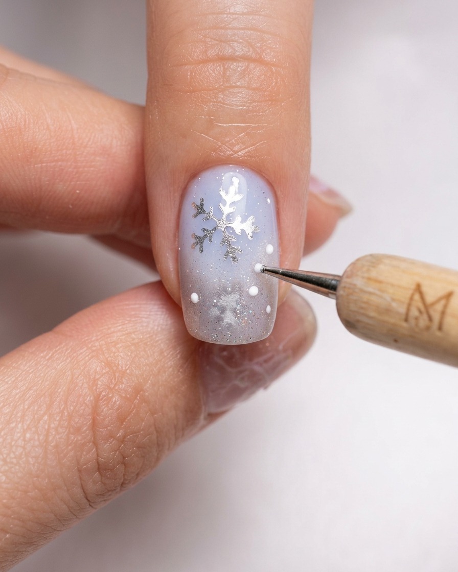Vue rapprochée dun outil de pointage appliquant de minuscules points de gel blanc sur un ongle hivernal bleu et argenté.