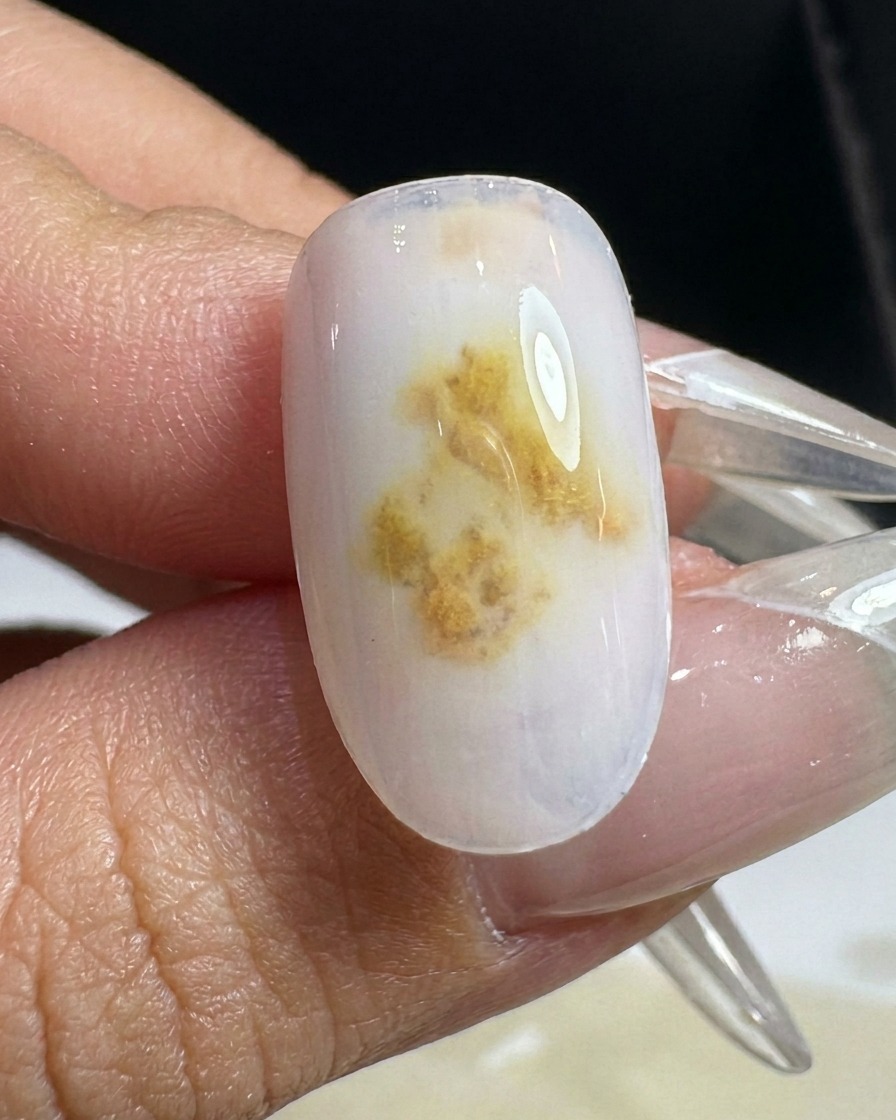 Un ongle manucuré avec un dégradé doux placé à lintérieur dune lampe à ongles LED professionnelle pour la catalysation.