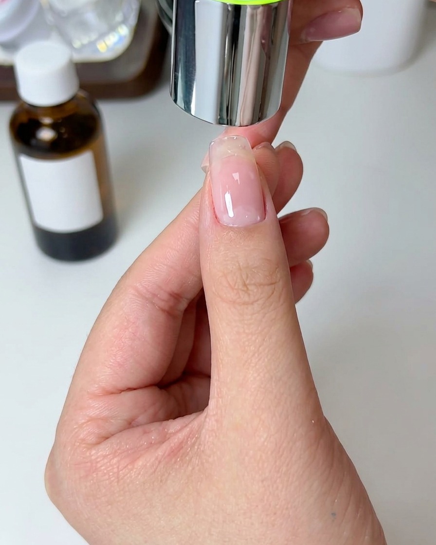 Une main plaçant un doigt sous une lampe LED compacte pour catalyser le gel.