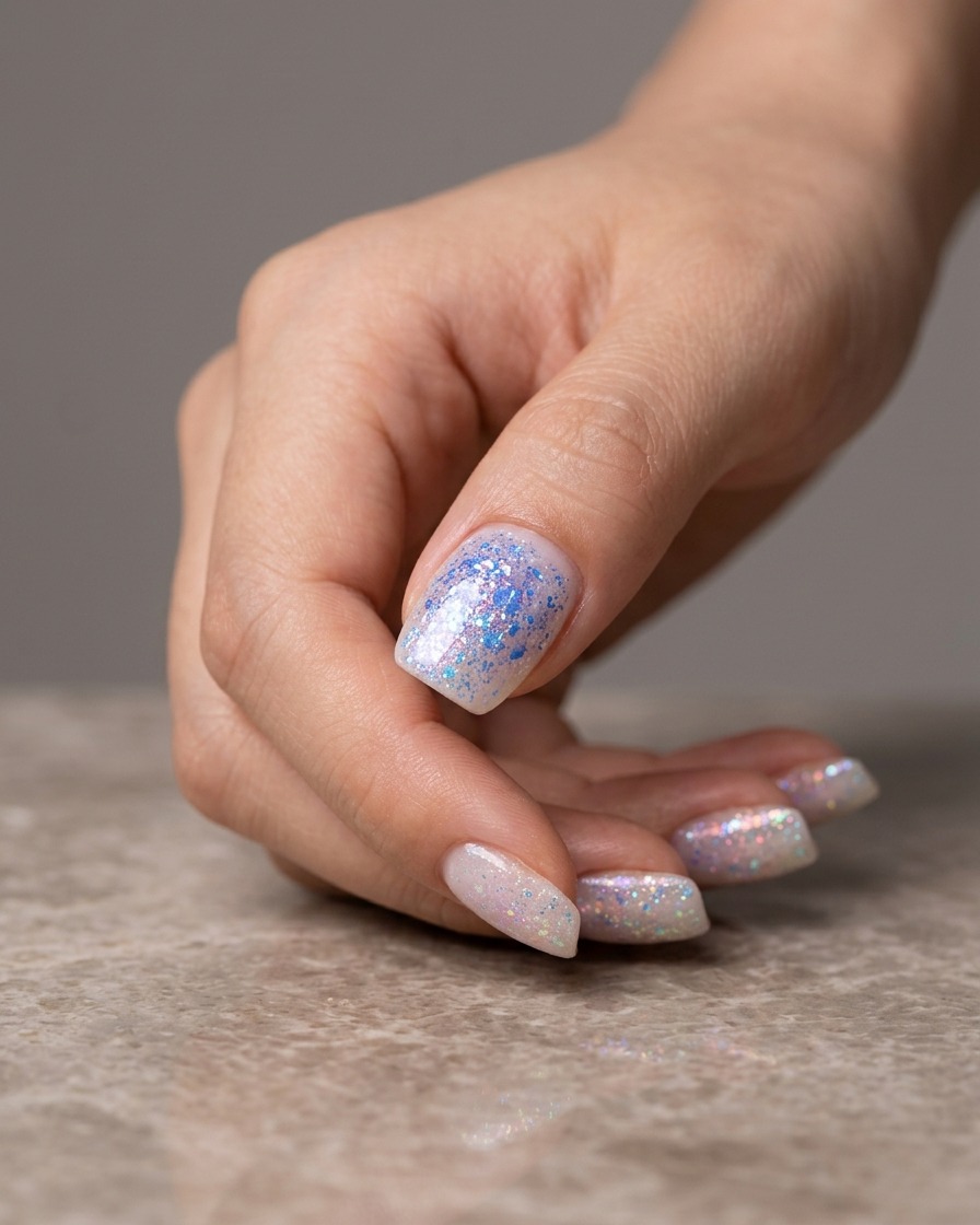 Gros plan dun ongle sur lequel on applique du gel texturé bleu par-dessus une base marbrée multicolore déjà existante.