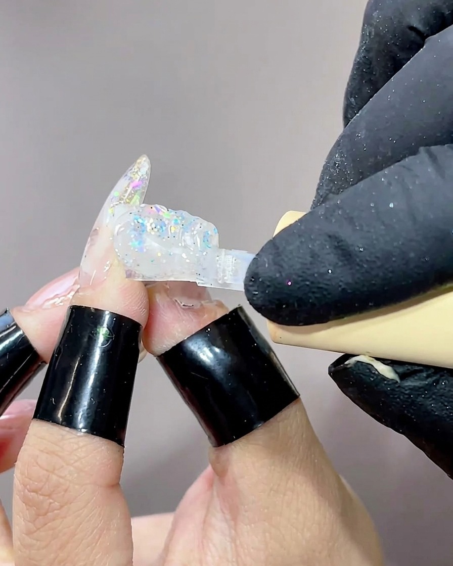 Gros plan dun pinceau appliquant un gel de construction transparent et visqueux sur un ongle déjà décoré avec un vernis effet aurore.