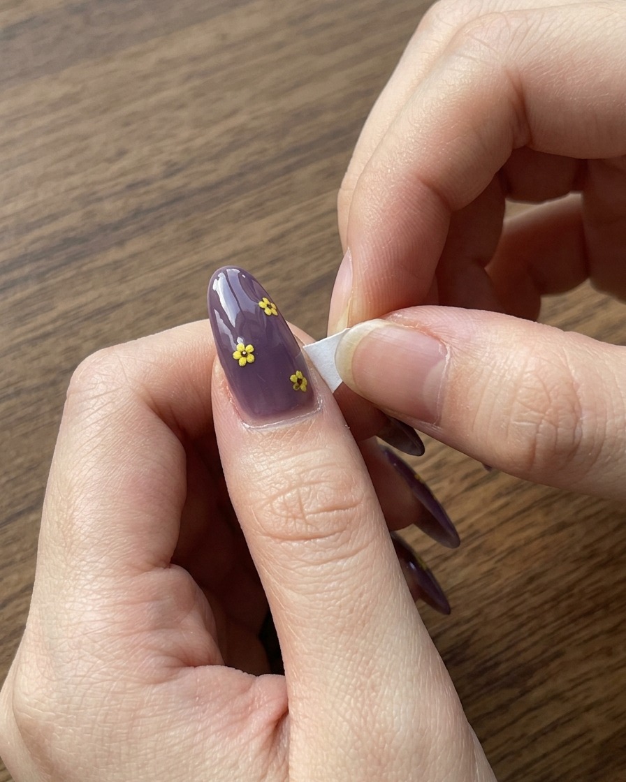 Gros plan dune éponge appliquant du vernis gel bleu sur le bout dun ongle pour renforcer le dégradé de couleur.