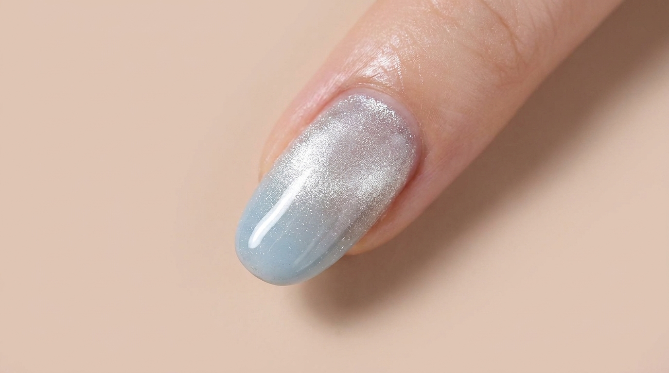 Un dégradé bleu bébé doux transitionnant vers une base transparente, fini avec un effet magnétique œil-de-chat scintillant sur un ongle en amande.