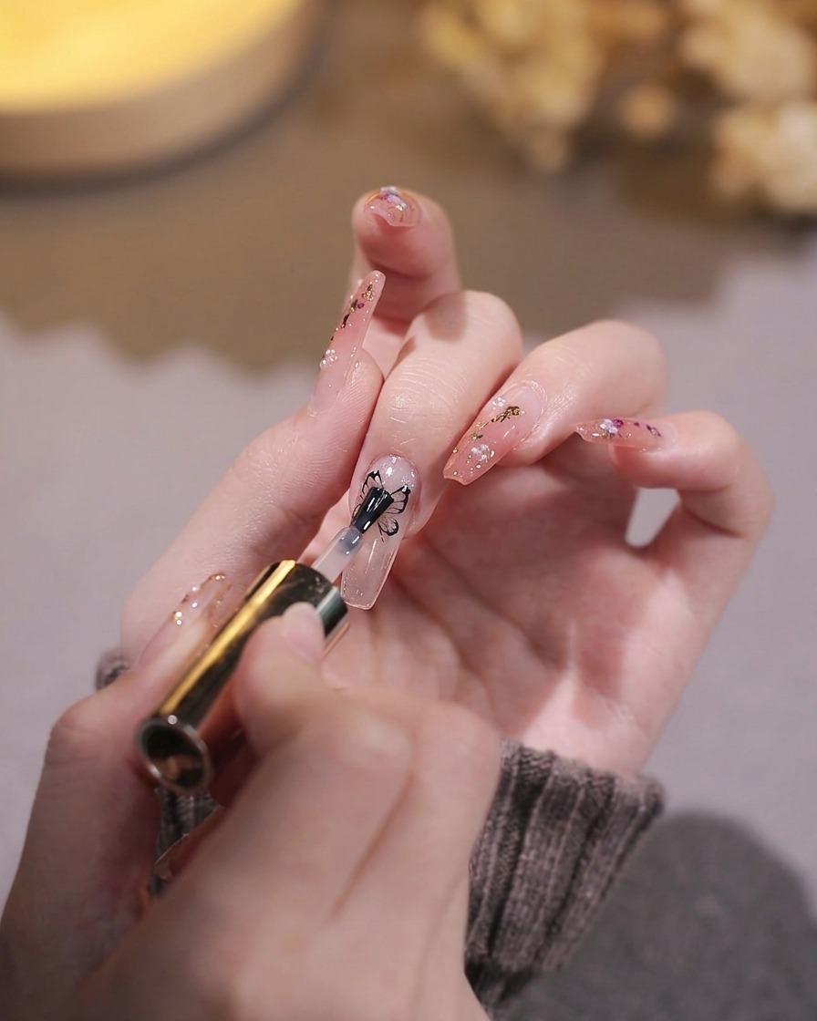 Vue rapprochée dun pinceau appliquant une base gel transparente sur un ongle naturel.