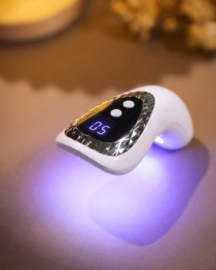 Vue des ongles à lintérieur dune lampe UV catalysant sous une lumière bleu-violet vive.