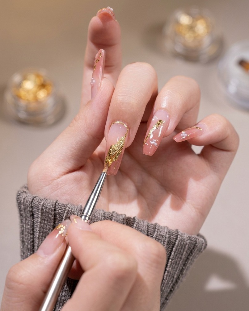 Un pinceau liner utilisé pour aplatir et positionner les décorations en feuille dor sur un ongle.