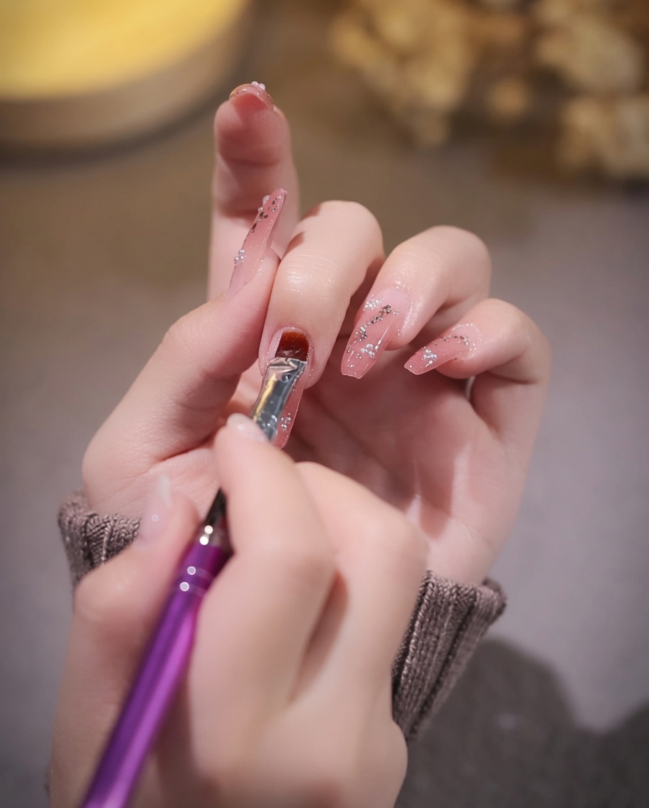Un pinceau à ongles appliquant un top coat transparent et brillant sur un ongle décoré de feuille dor et dembellissements.