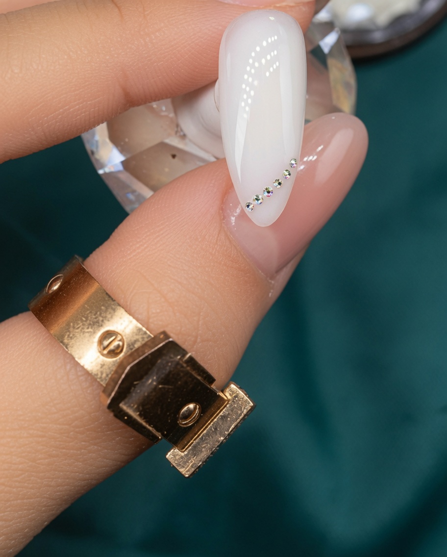 Un pinceau à ongles appliquant du gel blanc translucide sur la surface du troisième ongle.