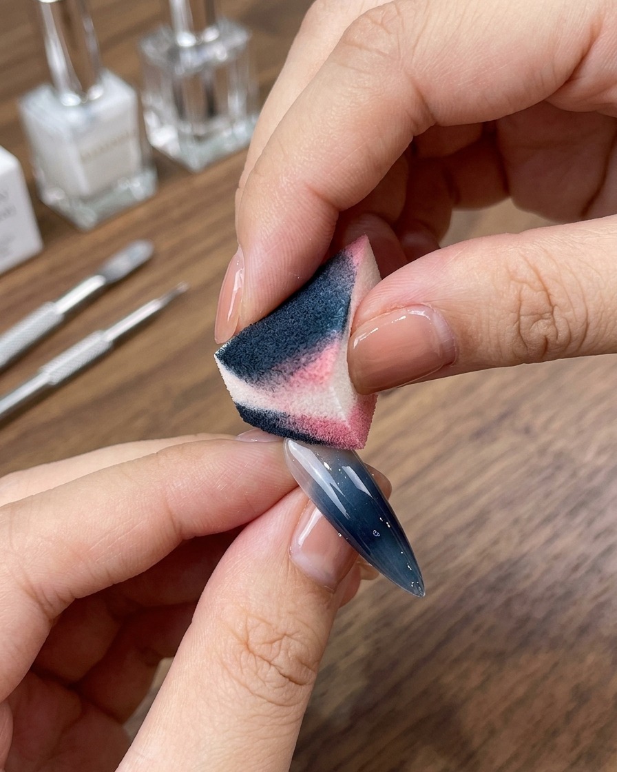 Une éponge de maquillage tamponnant du pigment blanc sur un ongle pour créer un effet French tip doux.