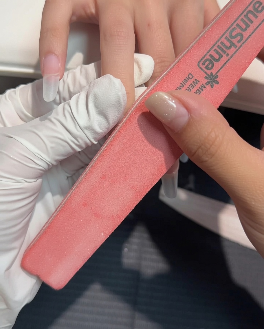 Une main utilisant un bloc polissoir rose pour polir doucement la surface de lextension.