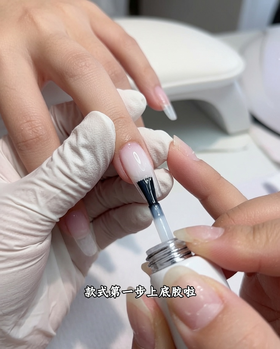 Un pinceau à ongles appliquant une fine couche de base gel transparente sur un ongle.