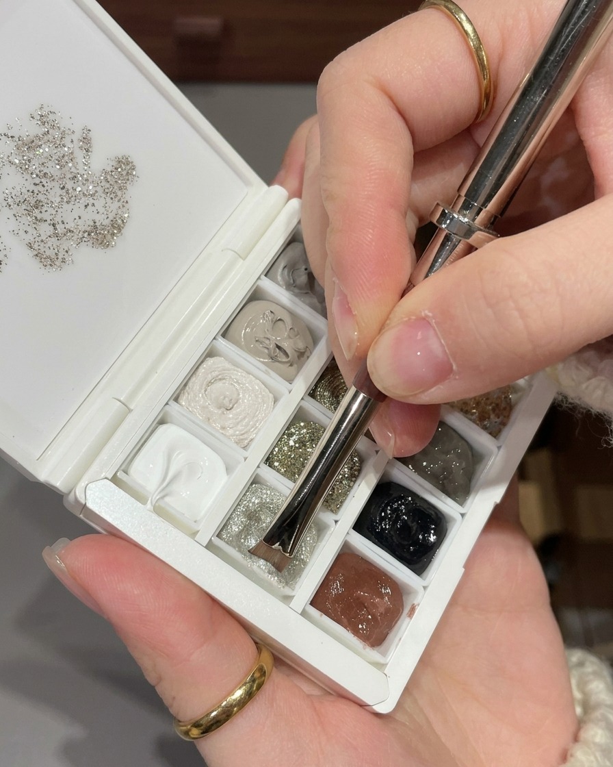 Gros plan dun pinceau nail art prélevant une petite quantité de gel à paillettes argentées fines sur une palette professionnelle.