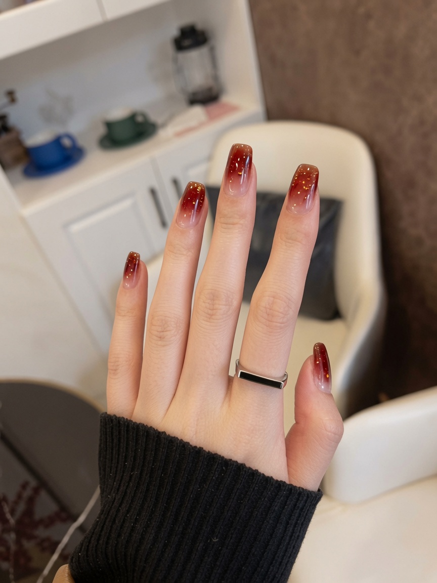 Ongles dégradés ambre et feuilles d'or pour l'automne — Tutoriel étape par étape