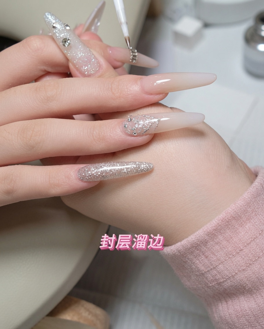 Une main tenant une mini lampe LED sur un ongle avec des strass pendant la catalysation.