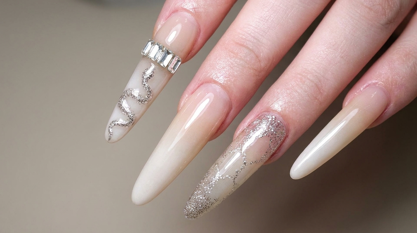 Ongles Stiletto Dégradé Lait et Motif Serpent Argenté